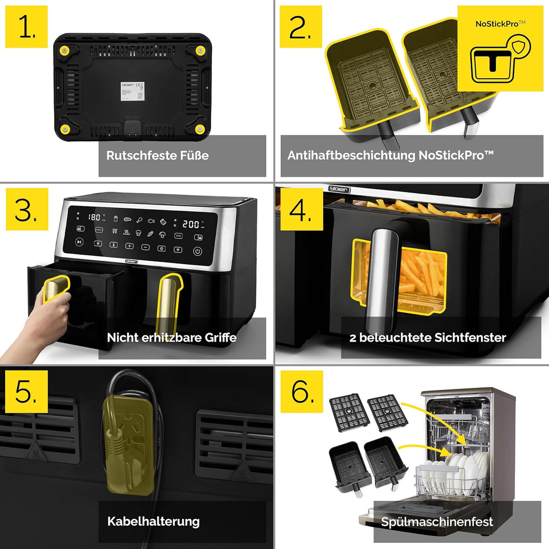 Yoer Heissluftfritteuse, 10L Airfryer, 2 Fächer, 6-in-1, 10 automatische Programme, Spülmaschinenfes