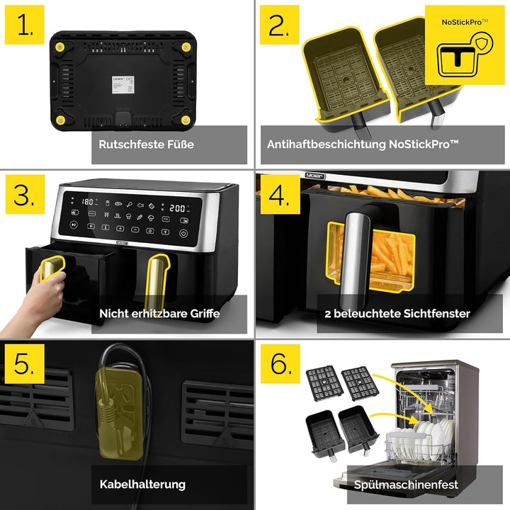 Yoer Heissluftfritteuse, 10L Airfryer, 2 Fächer, 6-in-1, 10 automatische Programme, Spülmaschinenfes