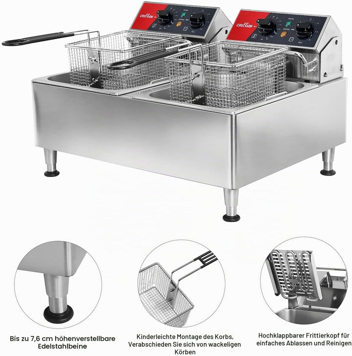 CROSSON 12L Elektrische Fritteuse mit doppeltem Tank und rotierendem Fritteusenkopf, 30-Minuten-Time