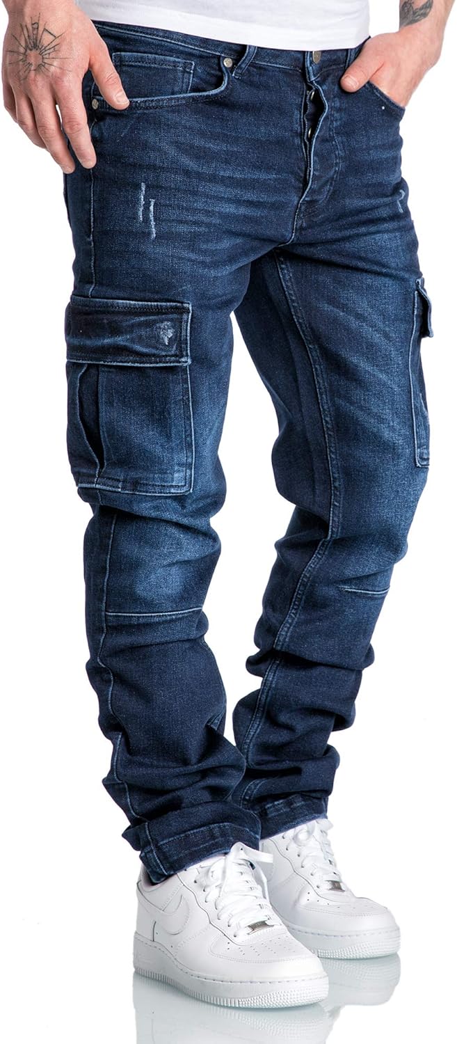 Amaci&Sons Herren Cargo Jeans Regular Slim Denim Hose Destroyed 7985 40W / 30L Dunkelblau, 40W / 30L