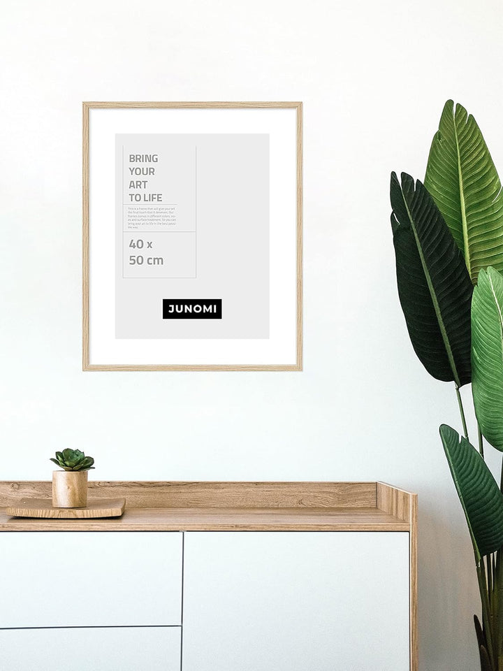 JUNOMI® Bilderrahmen 40 x 50 cm Holz | Farbe Eiche | Bilderrahmen Eiche mit bruchsicherem Acryl-Glas
