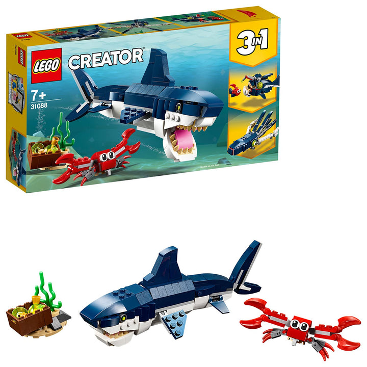 LEGO Creator Bewohner der Tiefsee, Spielzeug mit Meerestieren Figuren: Hai, Krabbe, Tintenfisch und