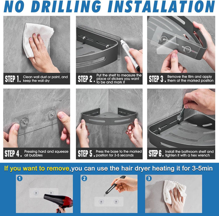 GRICOL Eckablage Duschkorb Duschregal ohne Bohren Duschablage Metall Mit 4 Haken Dusche Ablage Badre