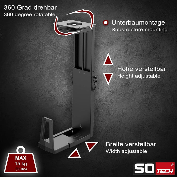 SOTECH Unterbau PC-Halter III mit 360-Grad-Drehung (Höhenverstellung 340–550 mm, Breitenverstellung