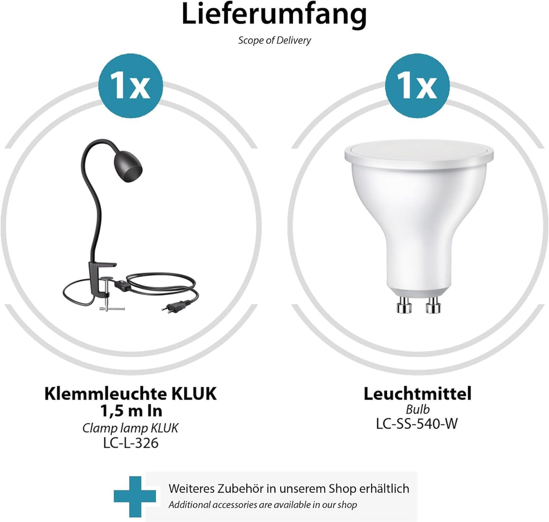 ledscom.de GU10 Klemmlampe KLUK mit Schwanenhals, schwarz inkl. GU10, weiss, 4,888W, je 450lm, 2 Stk