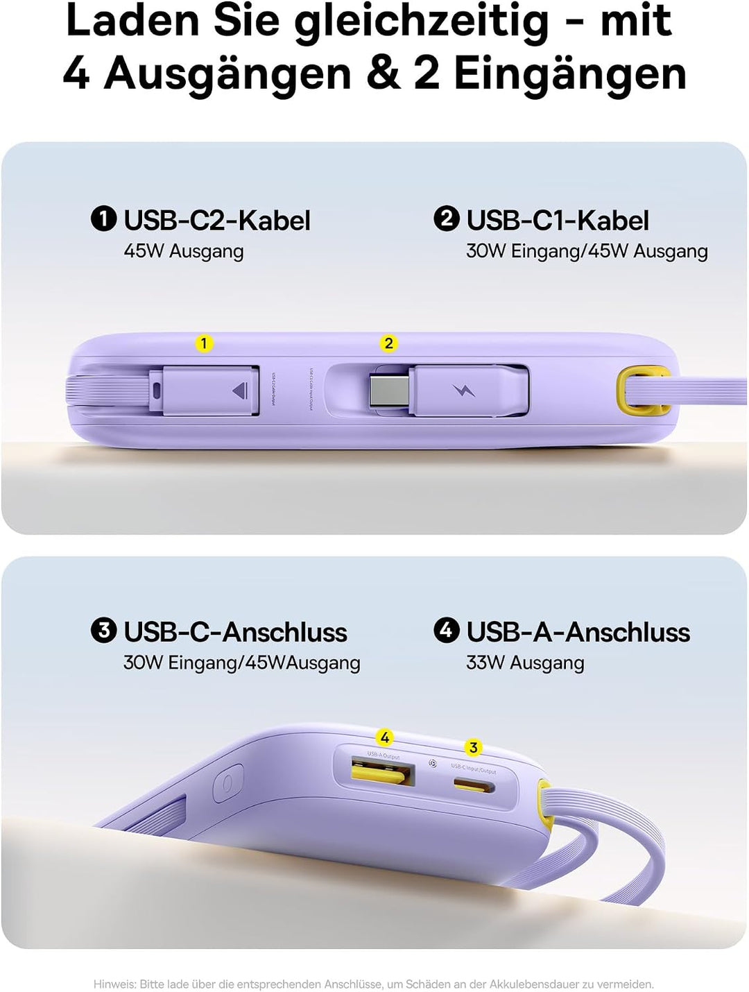 Baseus Powerbank 20000mAh 45W mit integriertem USB-C Kabel, QPow3 Power Bank PD3.0 QC4.0 Externe Han