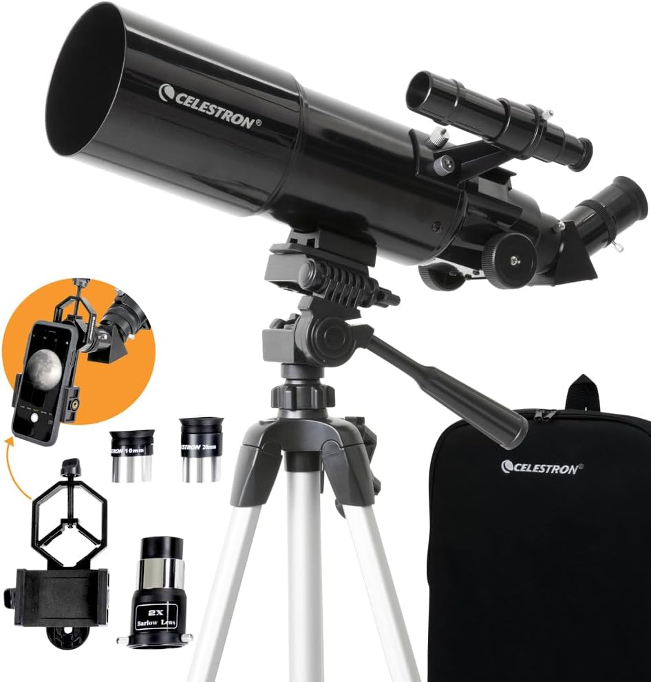 Celestron 22030 Travel Scope tragbares Refraktor-Teleskop 80 mm Linse mit vollvergüteter Glasoptik,