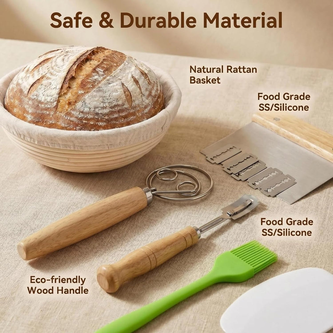 Gärkörbchen Set rund 23 cm aus natürlichem Rattan, Komplettes Brotbackset mit Bäckermesser, Teigscha