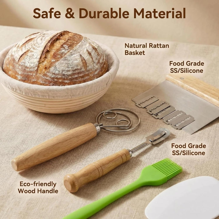 Gärkörbchen Set rund 23 cm aus natürlichem Rattan, Komplettes Brotbackset mit Bäckermesser, Teigscha