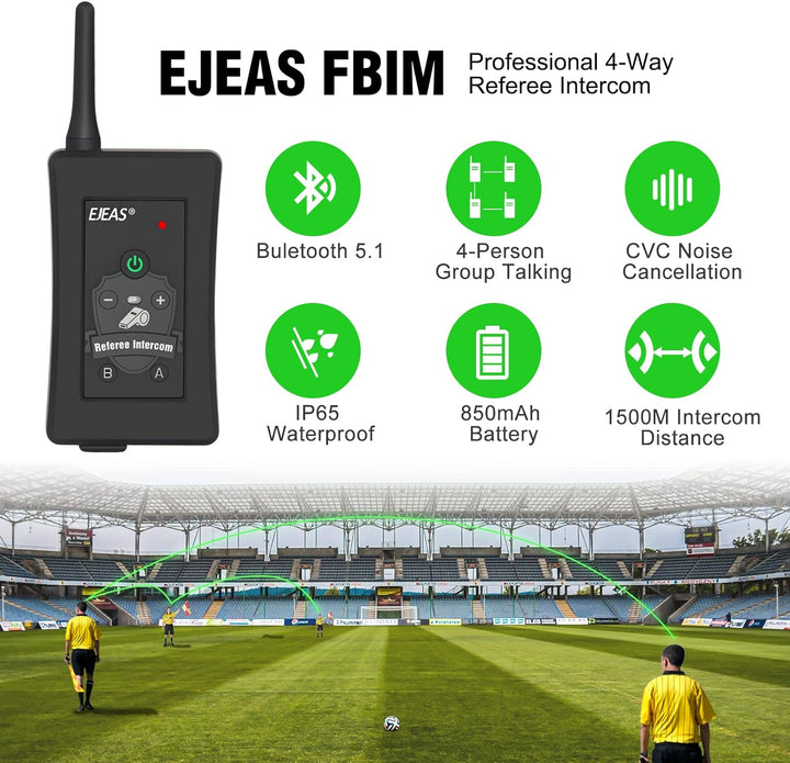 EJEAS FBIM Professionelle Bluetooth-Sprechanlage für Schiedsrichter, 850 mAh Vollduplex 1500 M draht