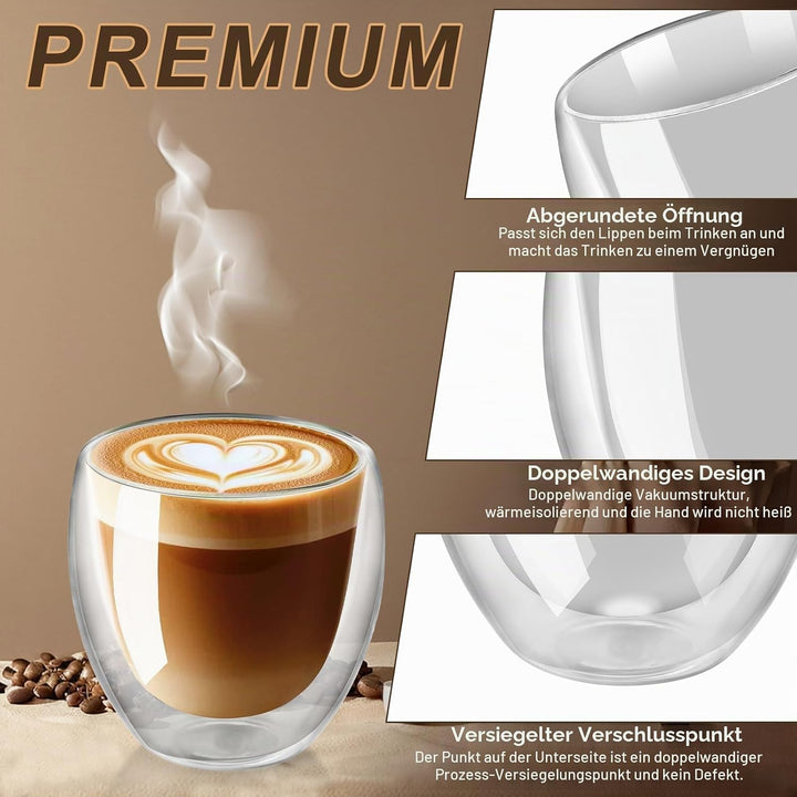 Cappuccino Tassen 6er Set, Cappuccino Gläser, 250ml Doppelwandiges Kaffeegläser, Schwebeeffekt, Ther