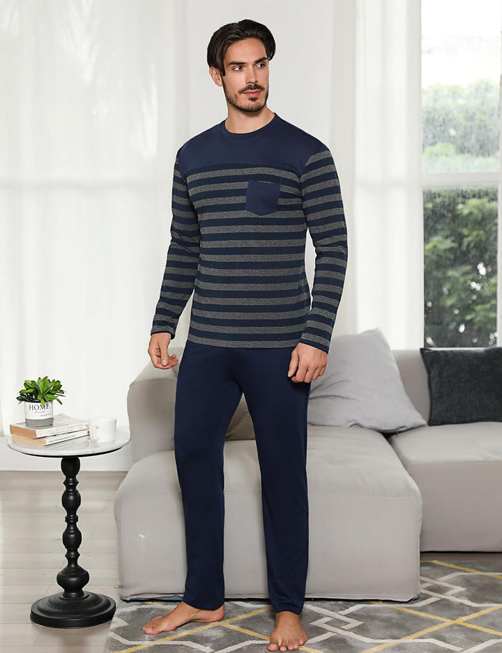 Irdcomps Schlafanzug Herren Pyjama Lang Winter Baumwolle Nachtwäsche Männer Set Langarm Gestreift L