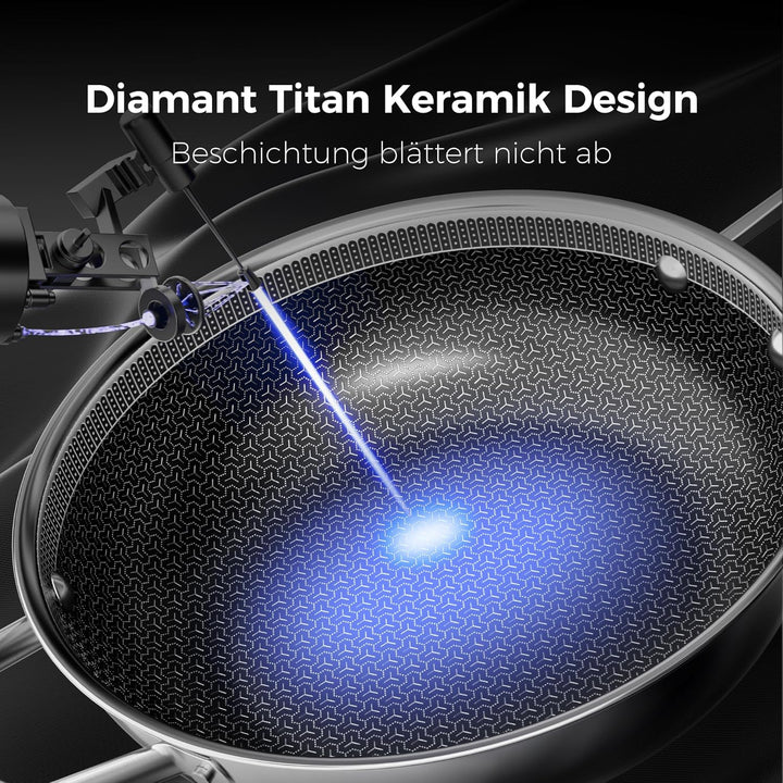 28cm Wokpfanne mit Deckel | DiamondTitan-Hybrid Keramikbeschichtung Wabenpfanne | Antihaft-Wabenstru