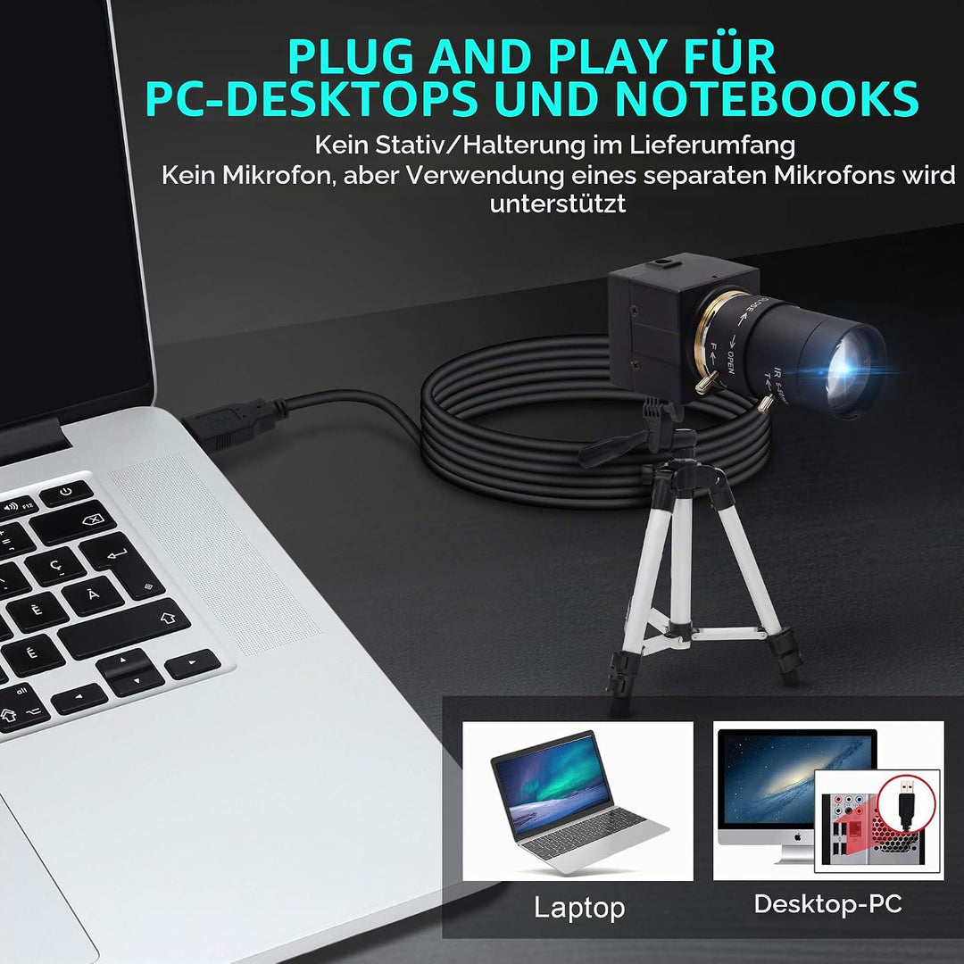 ELP 4K Webcam,2160P Zoom Web Kamera mit 5-50mm Manuell Objektiv,Variable Fokus Ultra HD Kamera,Plug
