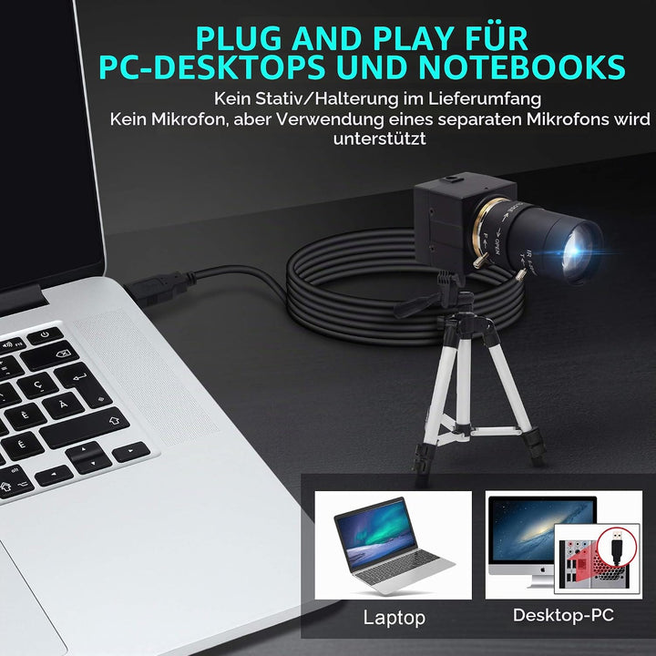 ELP 4K Webcam,2160P Zoom Web Kamera mit 5-50mm Manuell Objektiv,Variable Fokus Ultra HD Kamera,Plug