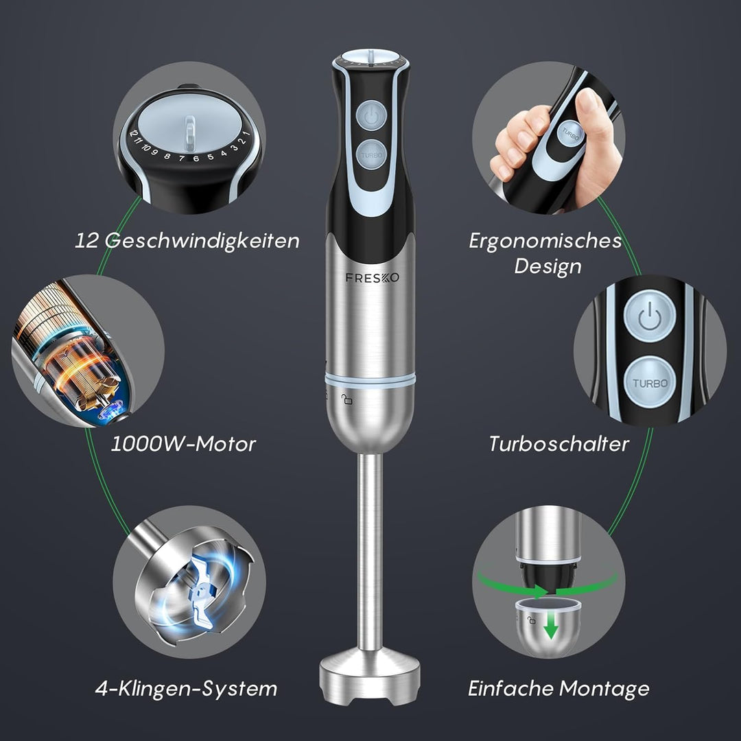 FRESKO 4-in-1 Stabmixer Edelstahl, 1000W Pürierstab mit 12 Geschwindigkeiten und Turbo-Modi, Inklusi