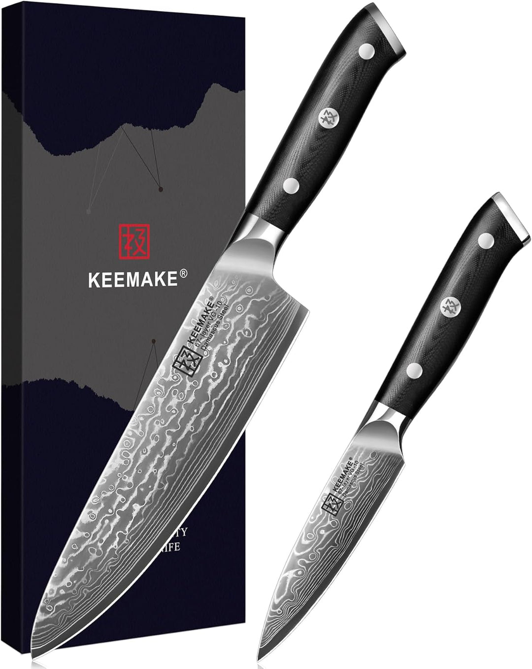 KEEMAKE Küchenmesser Set - Damastmesser Set 2-teilig aus 67 Lagen Damaststahl mit Ergonomischer G10