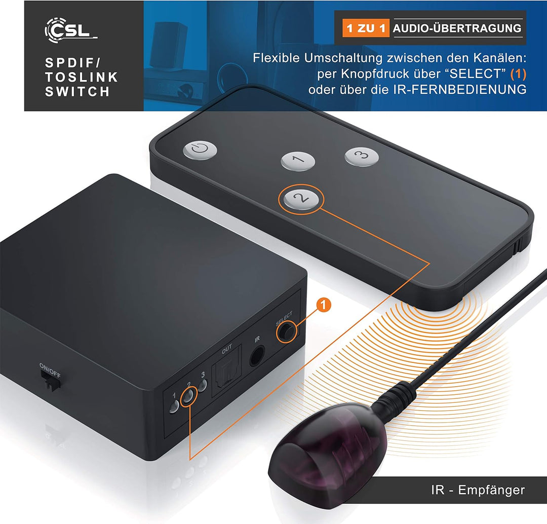 CSL - Toslink 3x1 Switch SPDIF TOSLINK Audio Umschalter mit Fernbedienung - 1 zu 1 Übertragung - kom