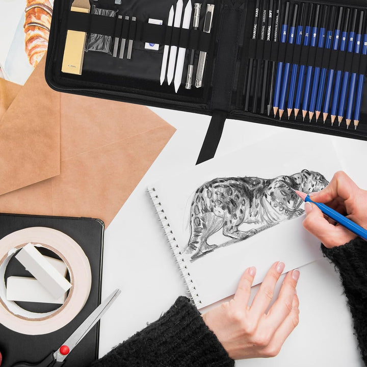 33 Stück Zeichen Set - Zeichen und Skizzier Set mit Skizzierstiften, Graphitstiften und Holzkohlesti