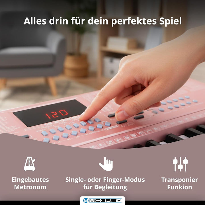McGrey LK-6120-MIC Keyboard Taschen Set Pink - Einsteiger-Keyboard mit 61 Leuchttasten - 255 Sounds