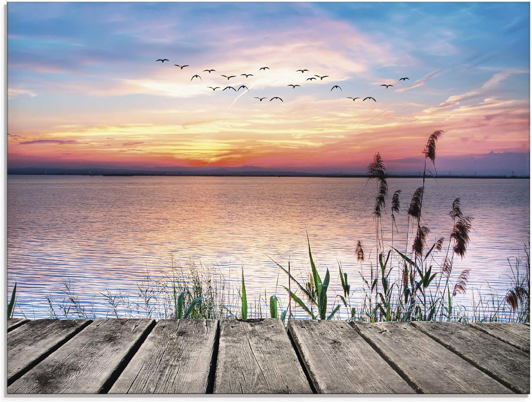 Glasbilder Wandbild Glas Bild einteilig 80x60 cm Querformat Natur Steg Landschaft See Himmel Sonnena
