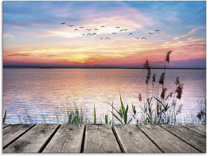 Glasbilder Wandbild Glas Bild einteilig 80x60 cm Querformat Natur Steg Landschaft See Himmel Sonnena