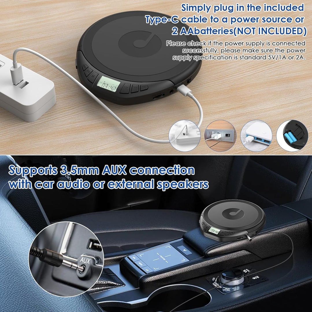 Gueray CD Player Tragbar CD Players Kinder Tragbarer CD-Player fürs Auto Discman mit Kopfhörer LCD-D