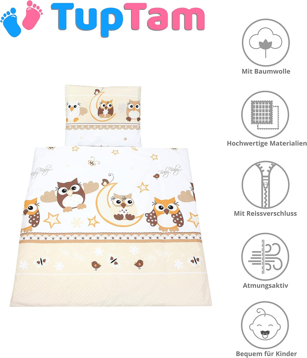 TupTam Unisex Baby Wiegenset 4-teilig Bettwäsche-Set: Bettdecke und Kopfkissen mit Bezug, Farbe: Eul