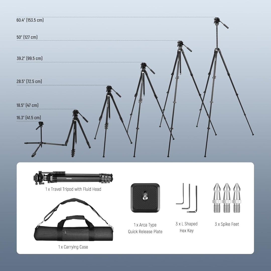 NEEWER 60,4" Reisestativ aus Carbonfaser mit abnehmbarem gedämpftem Fluidkopf, leichtes Video Kamera