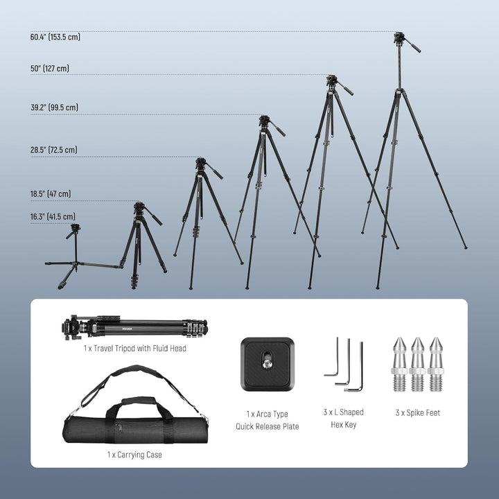 NEEWER 60,4" Reisestativ aus Carbonfaser mit abnehmbarem gedämpftem Fluidkopf, leichtes Video Kamera