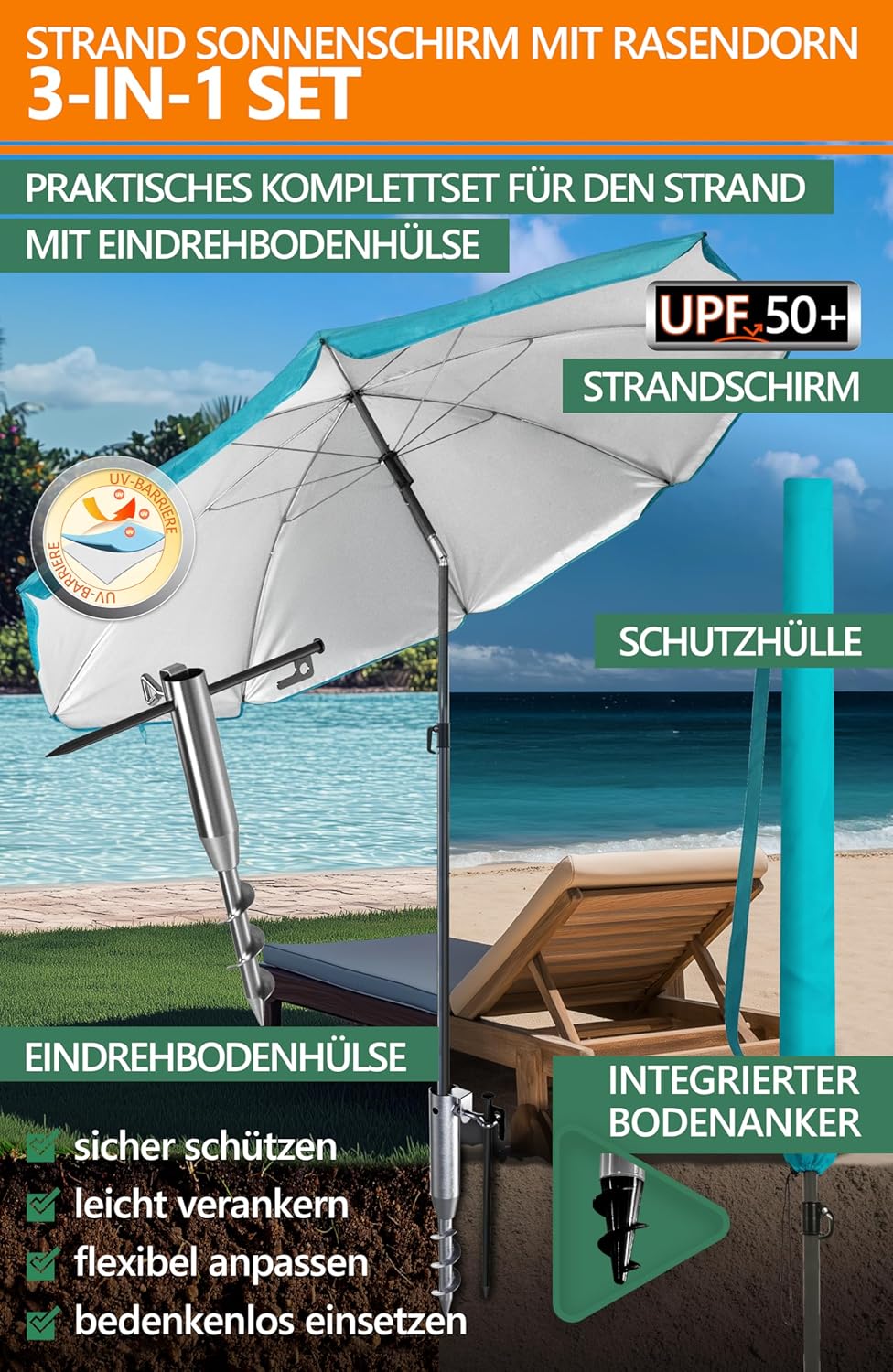 4smile Sonnenschirm Strand 200 cm 3-IN-1-SET, Strandschirm windfest stabil + Schutzhülle + Eindrehbo