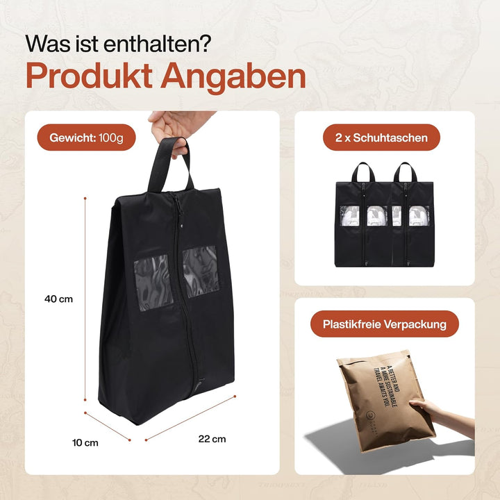 TRAVEL DUDE Schuhtaschen 2er Set | schwarz | mit transparentem Fenster | wasserabweisend, Ultraleich