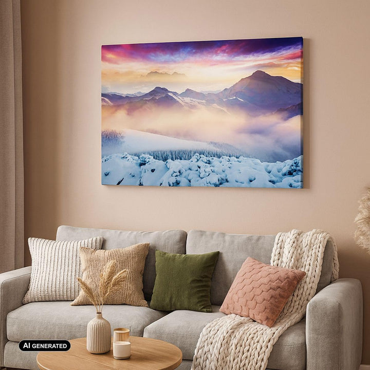 Bilder auf Leinwand 100x70cm Leinwandbild mit Rahmen Berge Schnee Winter Gross Wanddeko Bild Schlafz
