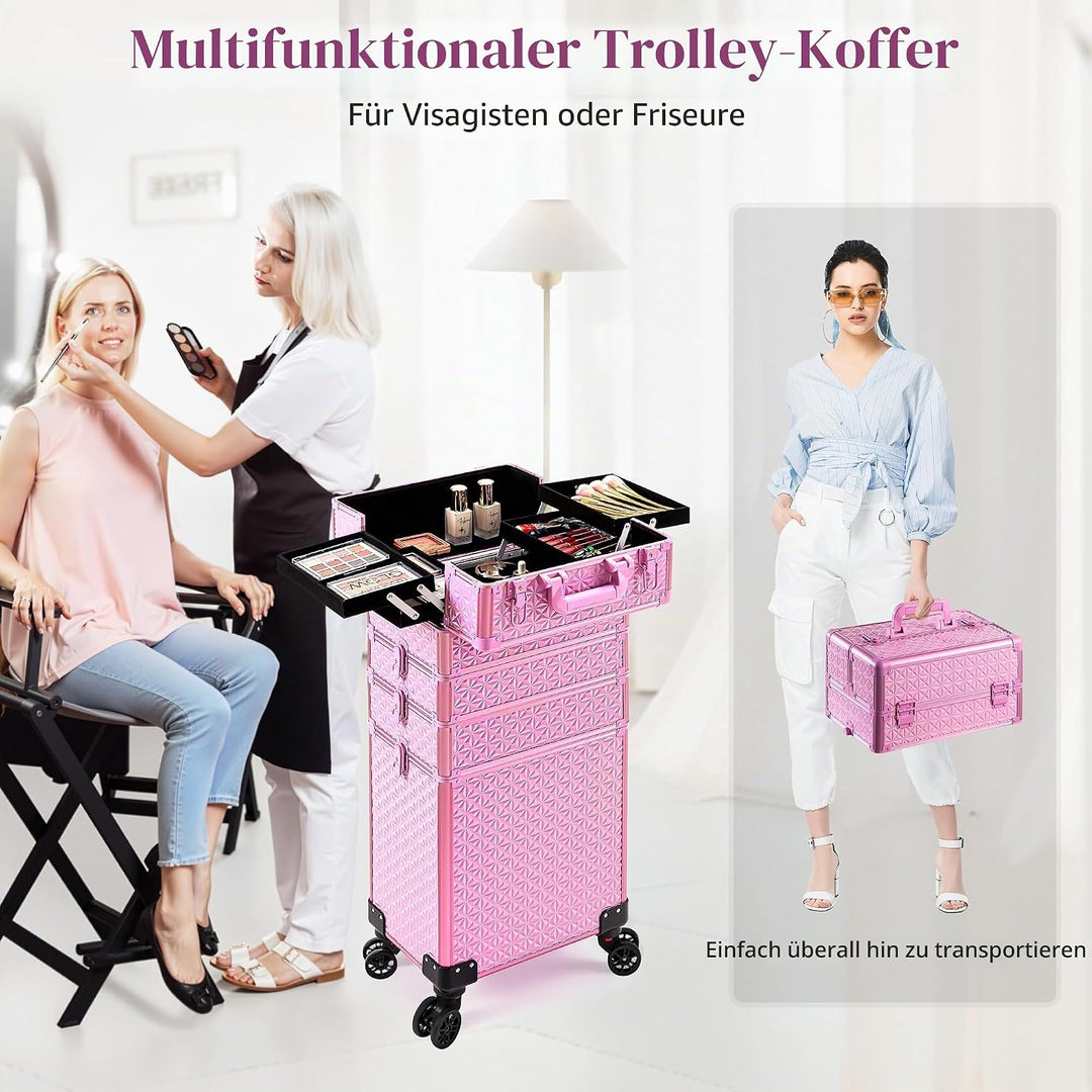 Arous 5-in-1 Profi-Kosmetikkoffer, Aluminium, mit 360° drehbaren Rädern Hellrosa, Hellrosa