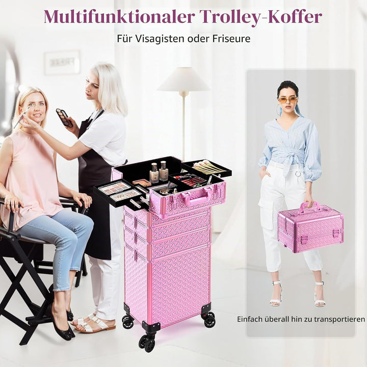 Arous 5-in-1 Profi-Kosmetikkoffer, Aluminium, mit 360° drehbaren Rädern Hellrosa, Hellrosa