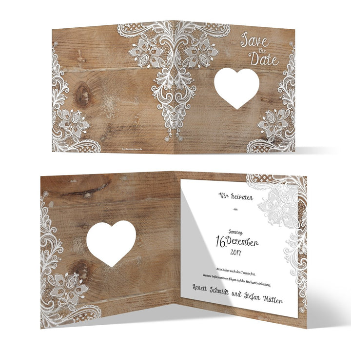 Lasergeschnittene Save the Date Karten (20 Stück) - Rustikal mit weisser Spitze - Hochzeitskarten, 2