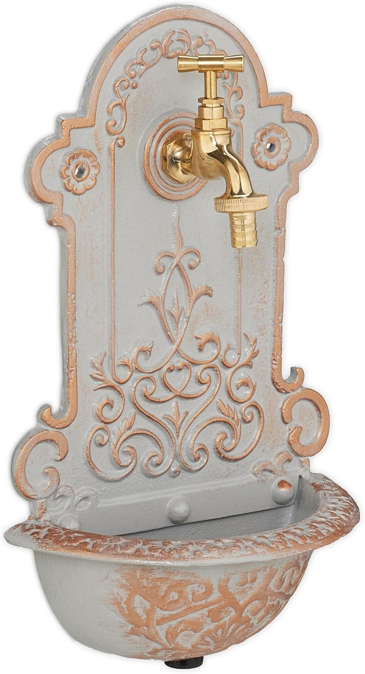 Relaxdays Wandbrunnen, nostalgisch, Waschbecken & Wasserhahn, Gartenbrunnen HBT 36 x 22 x 10,5 cm, G