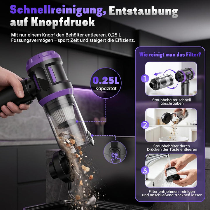 Handstaubsauger Akku 27000Pa mit LED-Display, 5-in-1 Kabelloser Autosauger Stark ,Bürstenloser Motor