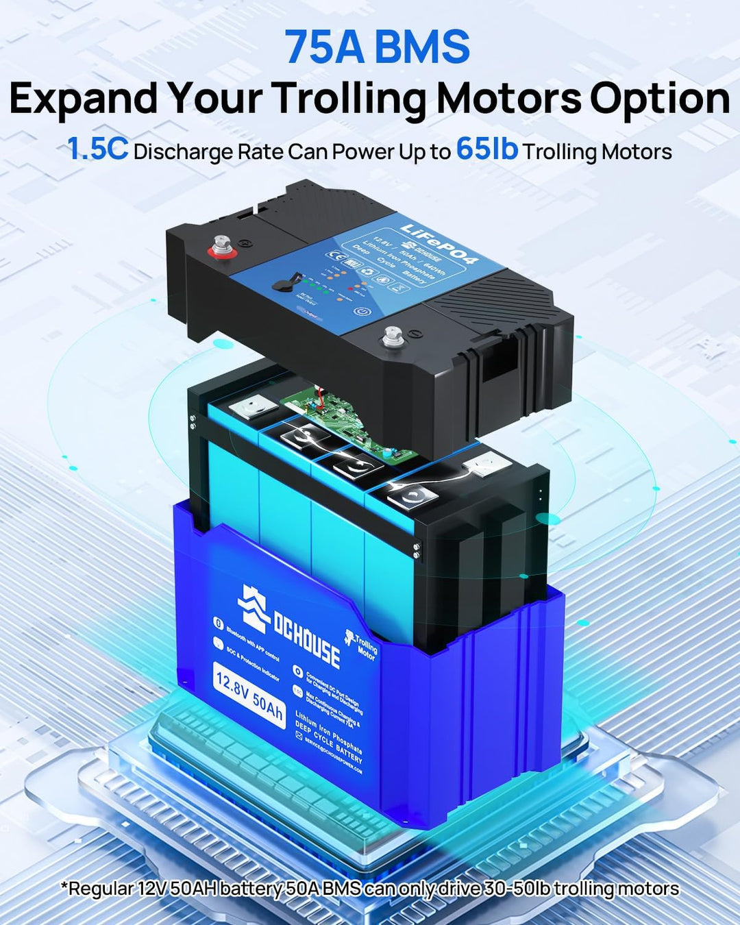 DCHOUSE 12V 50Ah LiFePO4 Bluetooth Batterie with DC Ports,mit 75A BMS, Grade A Lithium Batteriezelle
