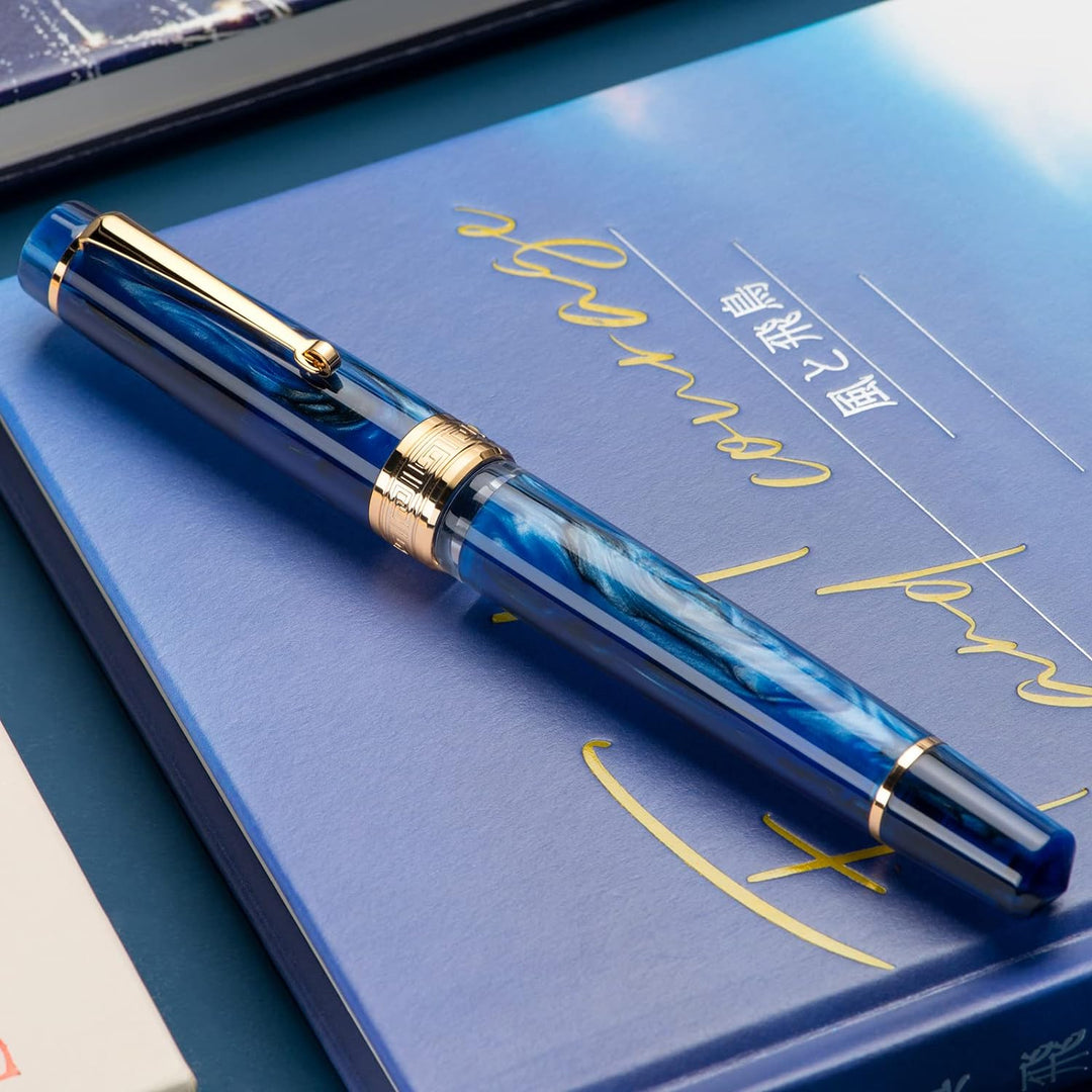 Asvine P20 Kolbenfüllhalter Galanxy Blue Resin, Iridium Fine Nib Gold Trim Smooth Writer Collection