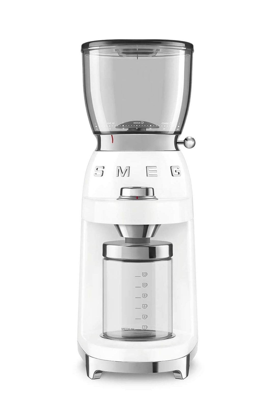 SMEG, Kaffeemühle CGF01WHEU, konisches Edelstahlmahlwerk, 30 Mahlgrad Einstellungen, 350 g Kaffeeboh