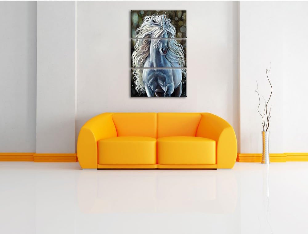 Pixxprint Trabendes weisses Einhorn als Leinwandbild | Grösse: 3 Teilig (120x80) | Wandbild| Kunstdr