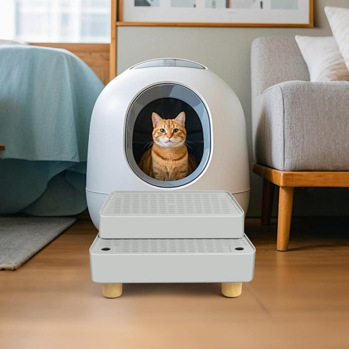 Verstellbare 2-stufige Katzentoilettenrampe, Katzen Treppen & Stufen mit Holzfüsse Filterfunktion, l