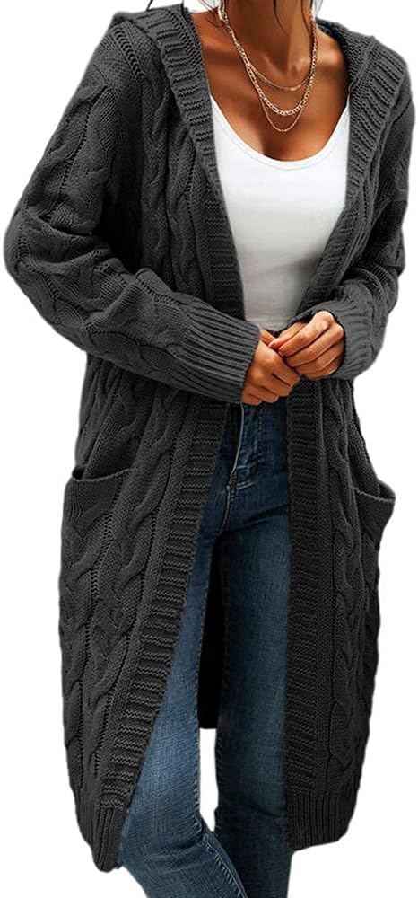 GeGekoko Strickjacke Damen mit Kapuze Langarm Grobstrick-Cardigan Open Front Sweater Herbst Winter C