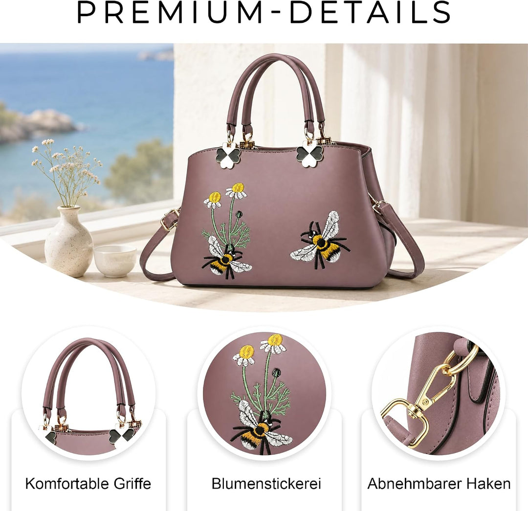VARLIVOO Elegant Damen Handtasche Stickerei Schultertasche Umhängetasche Shopper Crossbody Bag für A
