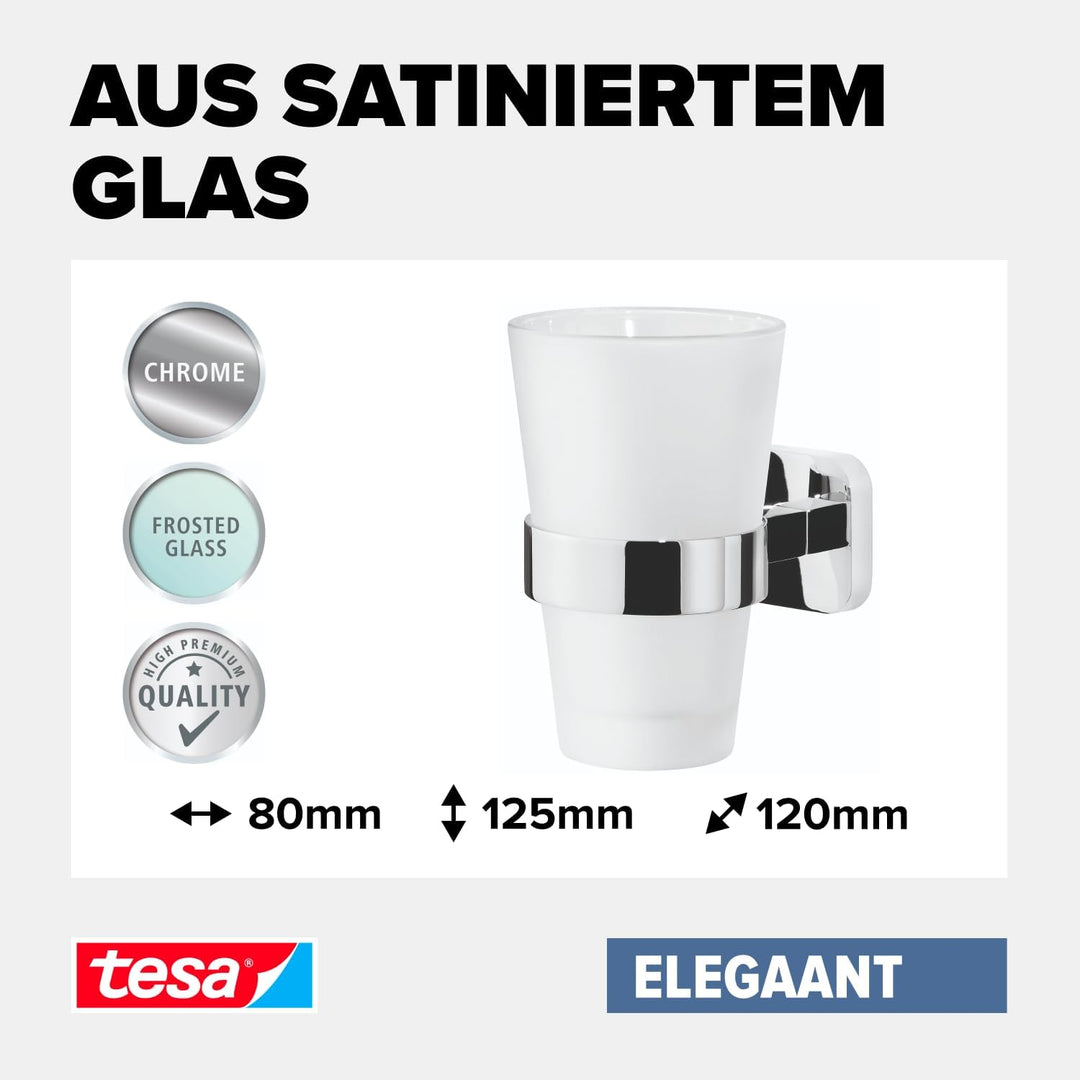 tesa ELEGAANT Zahnputzbecher mit Halterung - Becher aus Milchglas, verchromte Wandhalterung - zur Wa