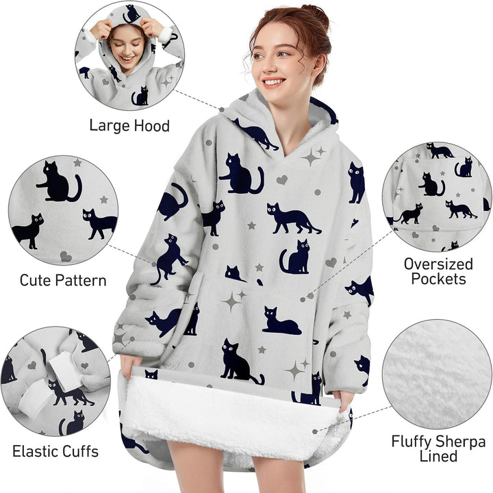 Hoodie Decke Oversize Katze Grau mit Ärmeln Kuscheldecke Deckenpullover für Damen Herren, Tragbare D