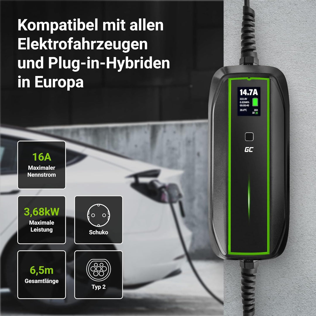 Green Cell EV Ladegerät Typ 2 Ladekabel Schuko für Elektroautos 10A / 16A 3,68kW 6,5m 1-Phasig LCD D