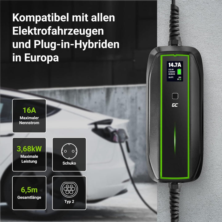 Green Cell EV Ladegerät Typ 2 Ladekabel Schuko für Elektroautos 10A / 16A 3,68kW 6,5m 1-Phasig LCD D