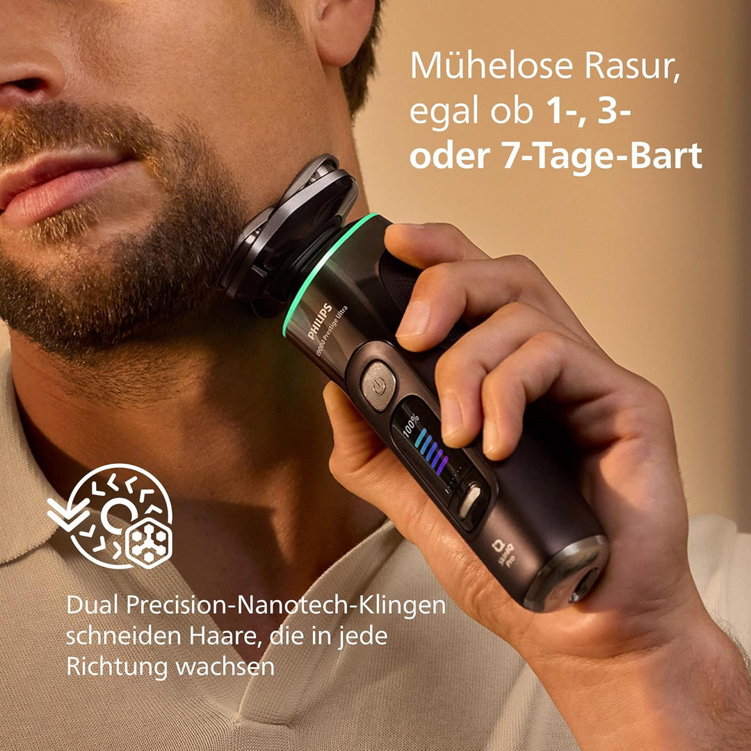 Philips Rasierer i9000 Prestige Ultra, Nass- und Trockenrasierer für Männer, schwarz, Druck- und Bew